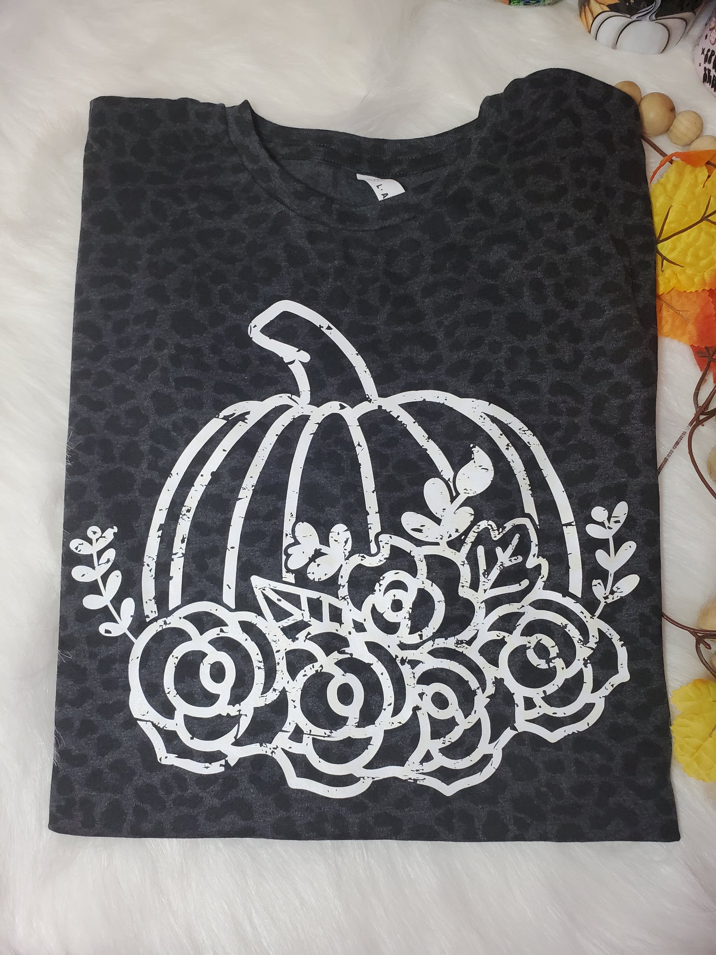 XL- Floral Pumpkin | Black Leopard Tee | Ready to Ship | Screen Printed Tee